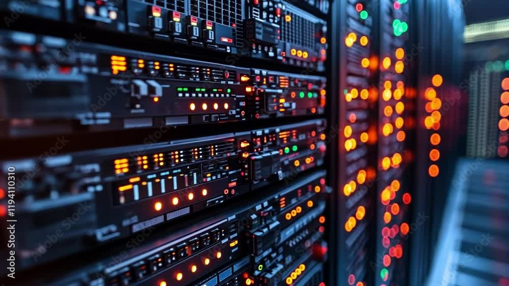Data Center Power: A close-up of a data center server rack, illuminating the intricate network of connections, lights and buttons. Data Center Power: A close-up of a data center server rack, illuminating the intricate network of connections, lights and buttons.