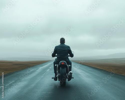 Man in a leather jacket riding a motorcycle down an empty road, back view, freedom and rebellion