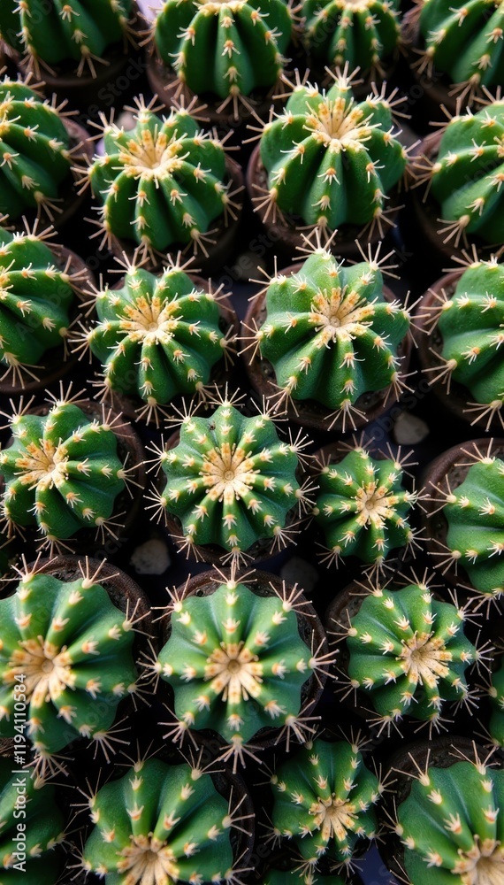 Pattern of small cacti plants with green and brown hues in a top view, cactus, greenery, houseplant Pattern of small cacti plants with green and brown hues in a top view, cactus, greenery, houseplant