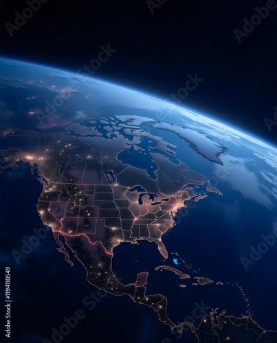 North America from Space with Glowing City Lights at Night AI Generative.