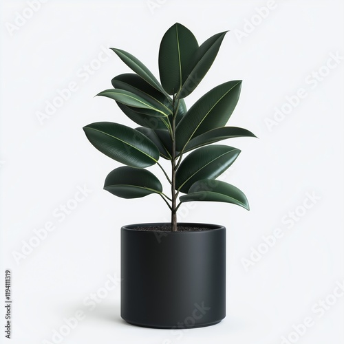 A vibrant rubber plant with glossy dark green leaves in a cylindrical matte black pot, isolated on a white background.