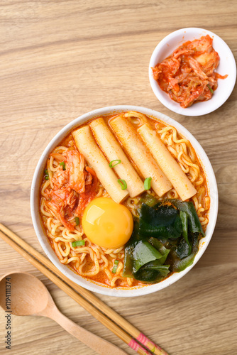 Spicy noodles soup with Tteokbokki, Wakame seaweed and fresh egg yok eating with kimchi cabbage photo