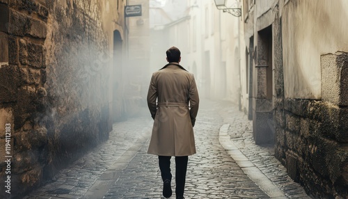 Man in a long trench coat walking through a misty alleyway, back view, mysterious atmosphere