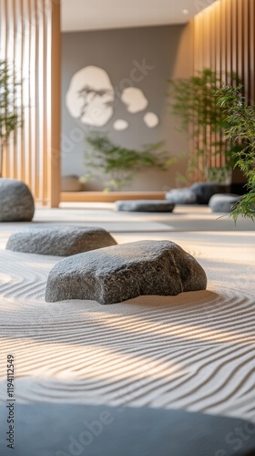 A peaceful Zen garden with smooth rocks, sand, and simple lines, evoking tranquility and mindfulness. photo