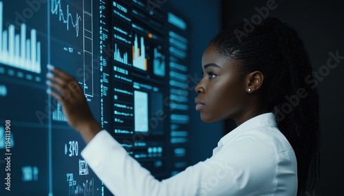 Young Professional Woman Engaged in Data Analysis on Digital Screen