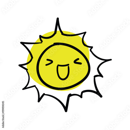 Sunshine and sunny emoji, yellow face hand drawn illustration