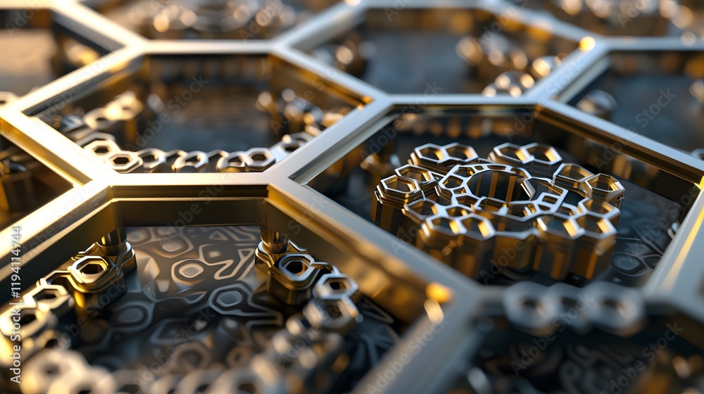 A close-up view of intricate hexagonal patterns with a metallic finish. A close-up view of intricate hexagonal patterns with a metallic finish.