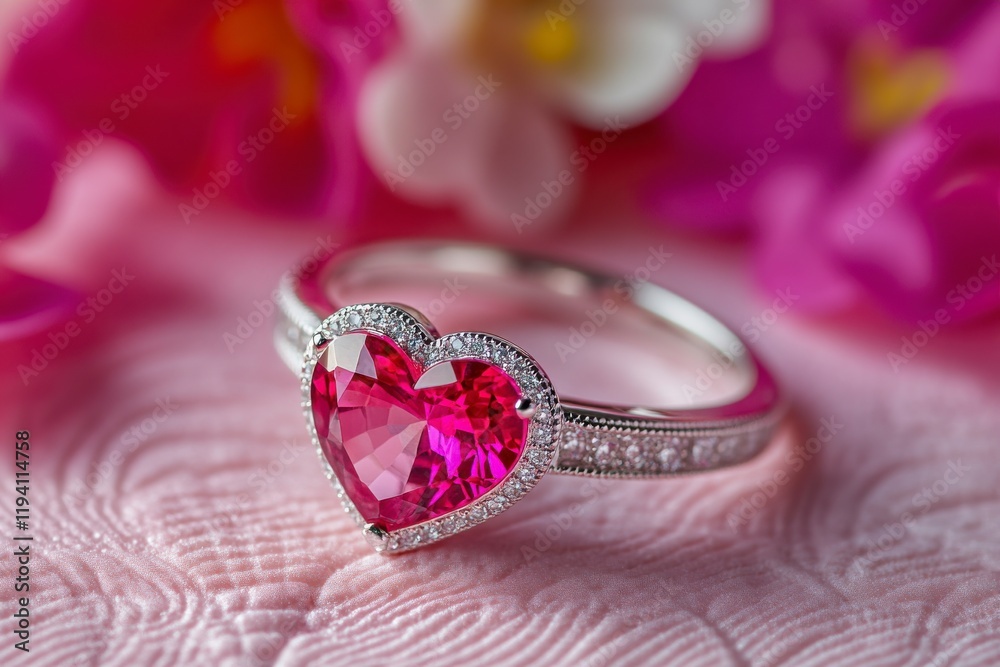 Close-up of a beautiful heart-shaped ruby and white gold engagement ring on a pink background with flowers. Valentine day. Close-up of a beautiful heart-shaped ruby and white gold engagement ring on a pink background with flowers. Valentine day.
