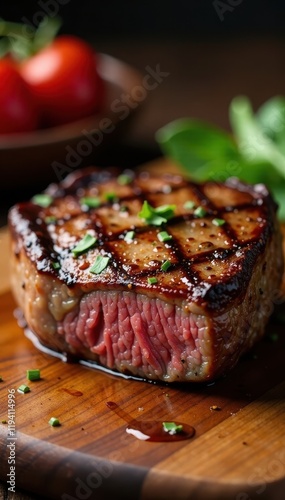 Close-up of grilled entrecote steak on a wooden cutting board, wood, beef, aroma photo