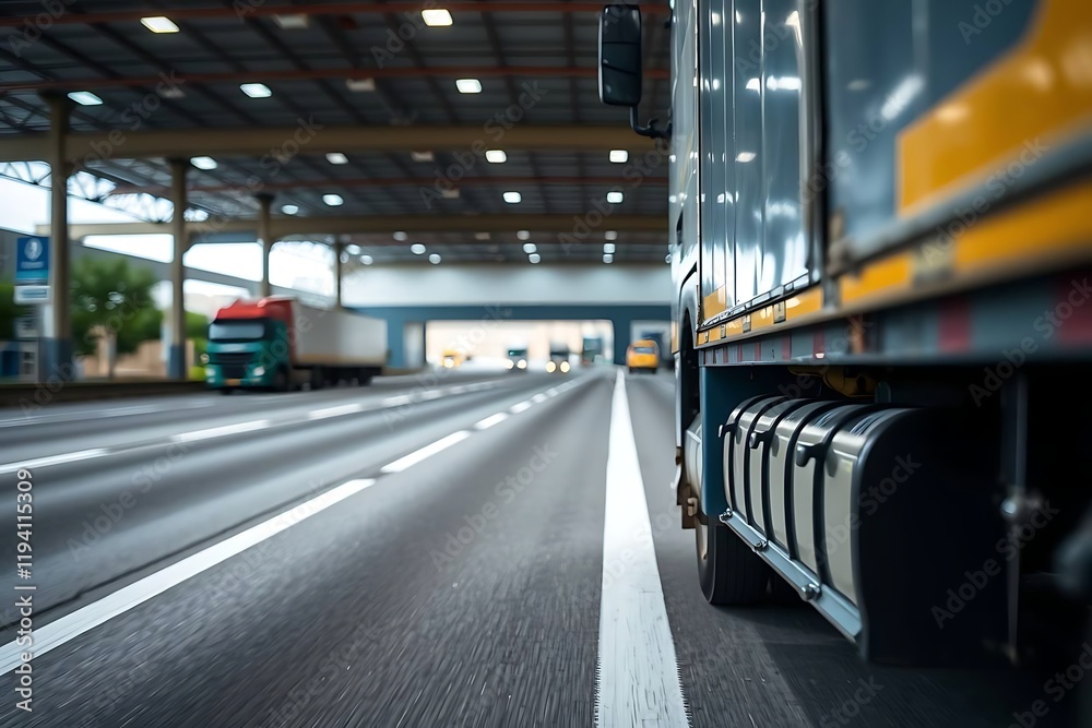 Truck Driving on Highway Toll Plaza Underpass Truck Driving on Highway Toll Plaza Underpass