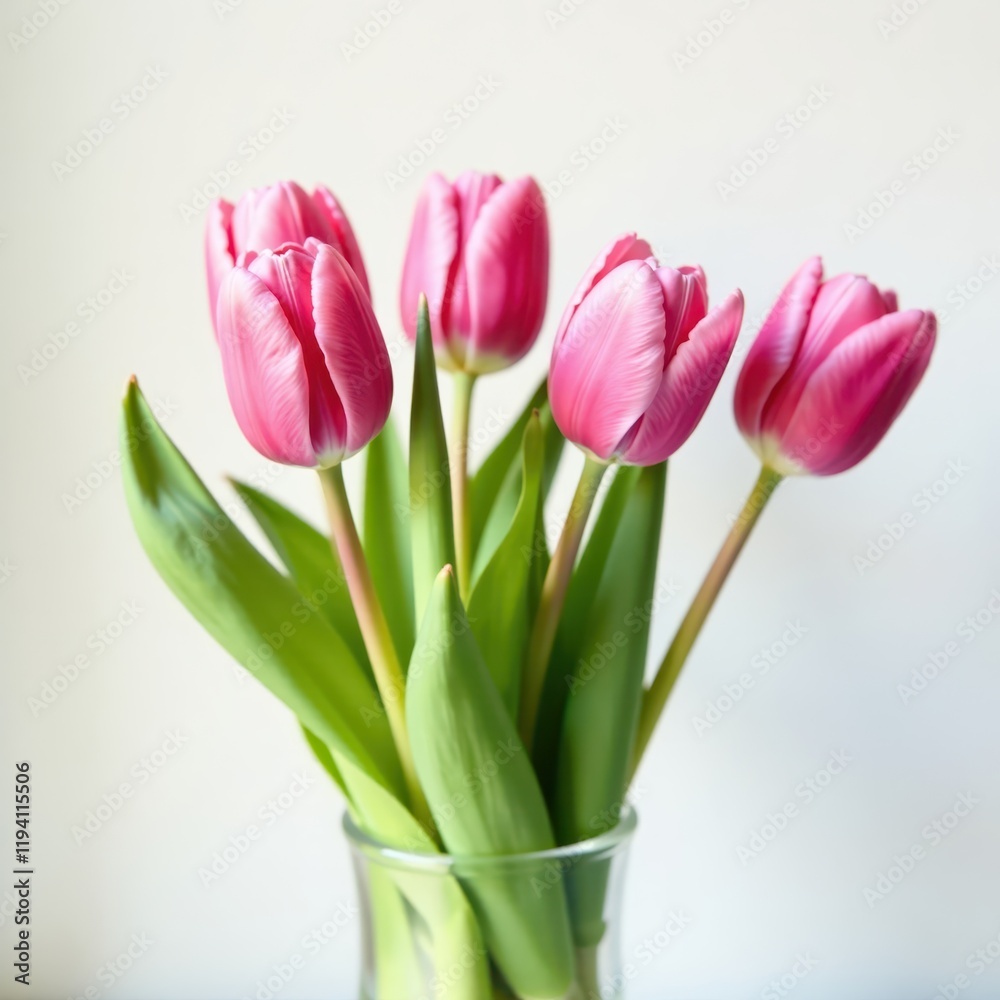 Fototapeta premium Beautifully bloomed pink tulips in a vase against a bright white background, with a subtle gradient effect , vases, still life, flowers arrangement