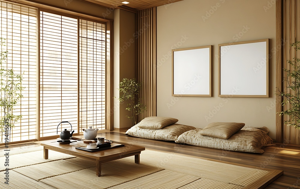Fototapeta premium Serene Japanese-style room, tea ceremony setup, natural light, minimalist decor, home interior design