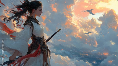 Warrior Woman in Sunset Clouds: Fantasy Digital Painting