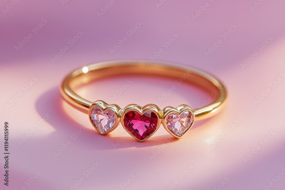A delicate gold ring with three heart-shaped diamonds and one ruby, placed on pink background. Valentine day. A delicate gold ring with three heart-shaped diamonds and one ruby, placed on pink background. Valentine day.