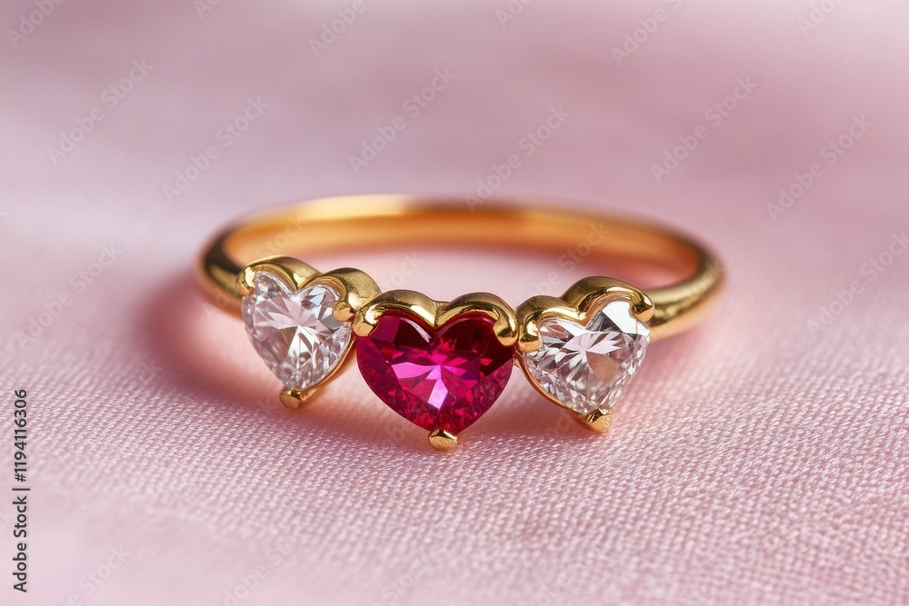 A delicate gold ring with three heart-shaped diamonds and one ruby, placed on pink background. Valentine day. A delicate gold ring with three heart-shaped diamonds and one ruby, placed on pink background. Valentine day.