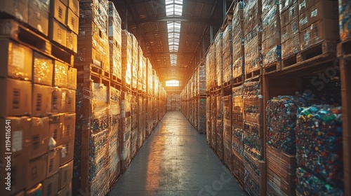 A View of an Organized Warehouse Aisle Bathed in Golden Light with Stacks of Cardboard Boxes and Colorful Materials in a Storage Facility
