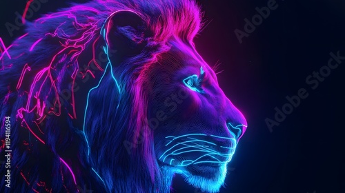 portrait of neon line art of lion on a black background