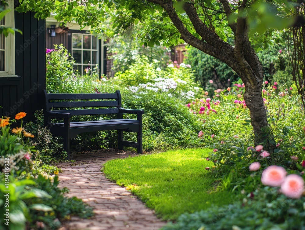 A serene garden with a small bench under a tree, surrounded by lush greenery and flowers, offering a peaceful escape. A serene garden with a small bench under a tree, surrounded by lush greenery and flowers, offering a peaceful escape.