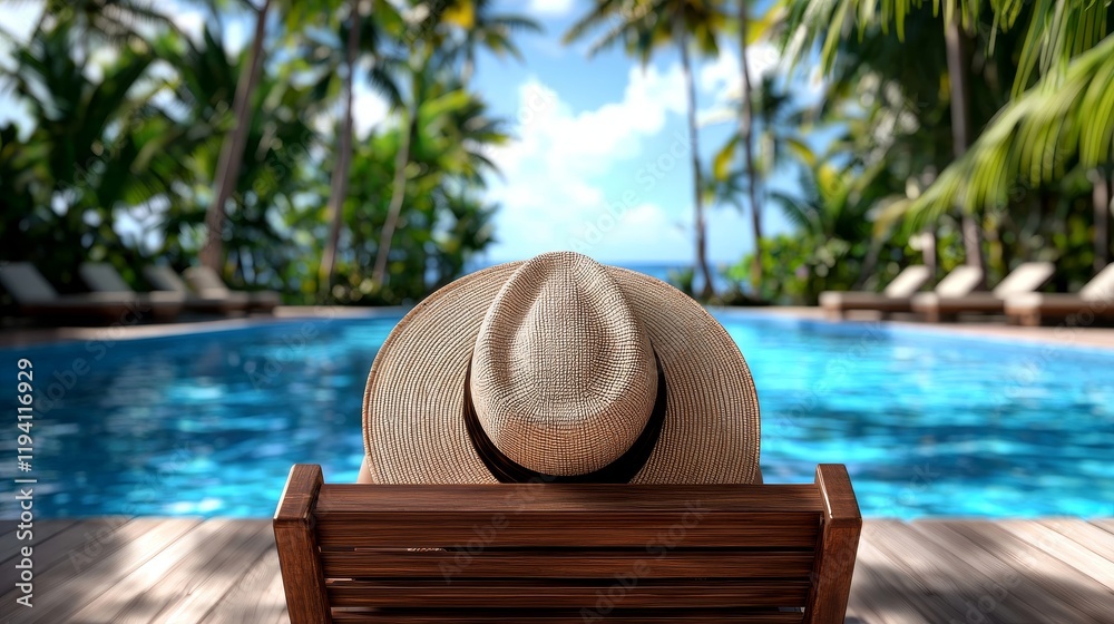 Obraz premium Relaxing in the Sun by the Poolside Wearing a Wide-Brimmed Straw Hat Surrounded by Tropical Palm Trees