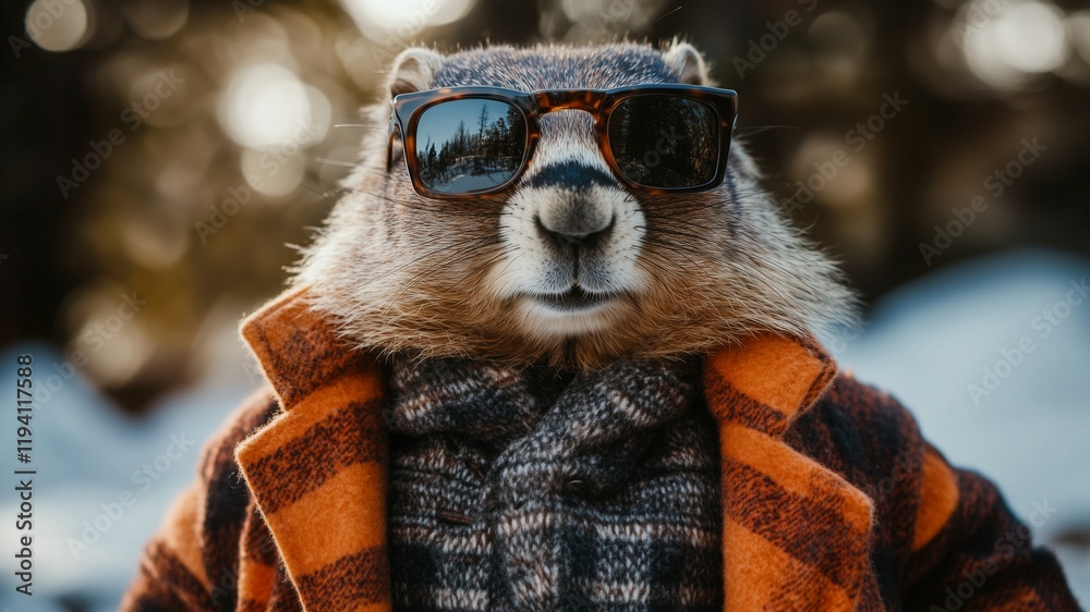 Fototapeta premium Relaxed fashionista groundhog with a beautiful coat and sunglasses walks outdoors in winter. Groundhog Day celebration