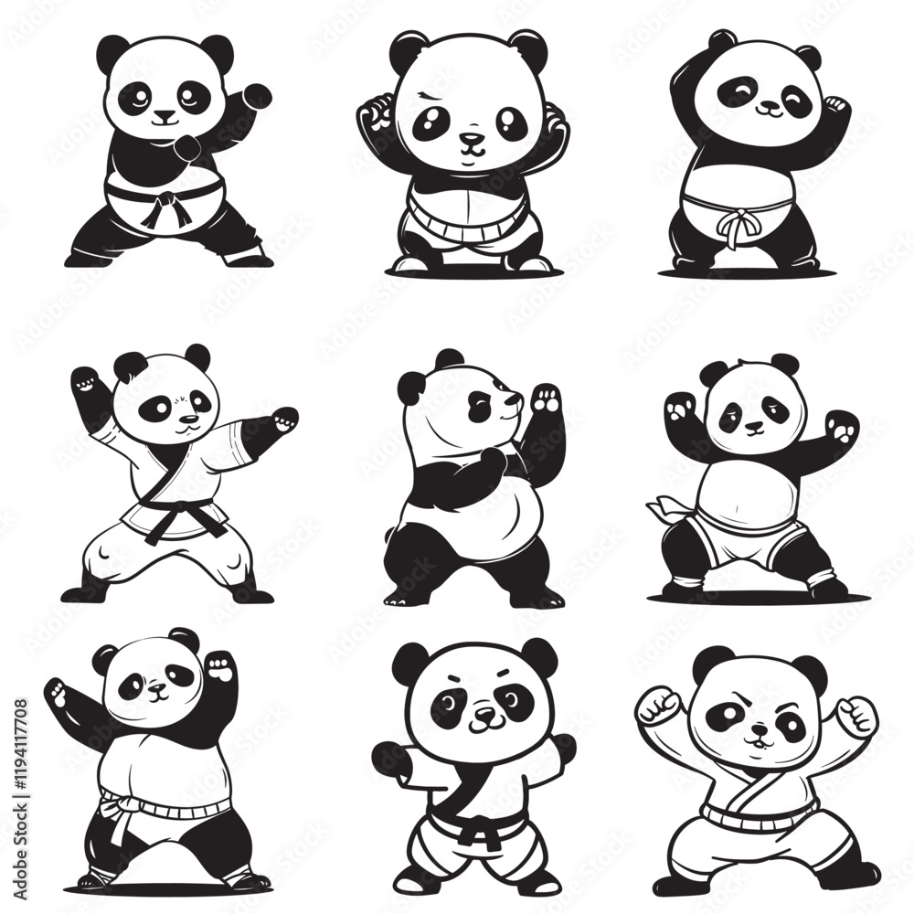Naklejka premium cute panda play kung fu silhouette black and white vector illustration collection