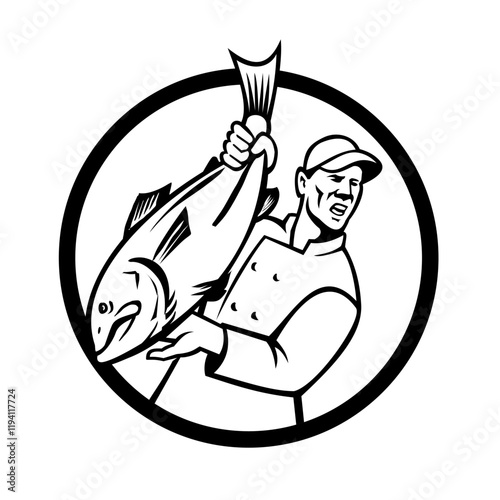 Mascot illustration of head of a butcher or fishmonger worker holding and selling fish set inside circle viewed from front on isolated background in retro style.

