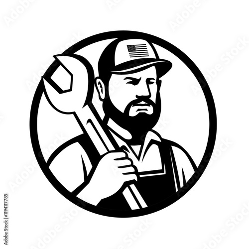 American Hipster Mechanic with Spanner Circle Mascot Retro