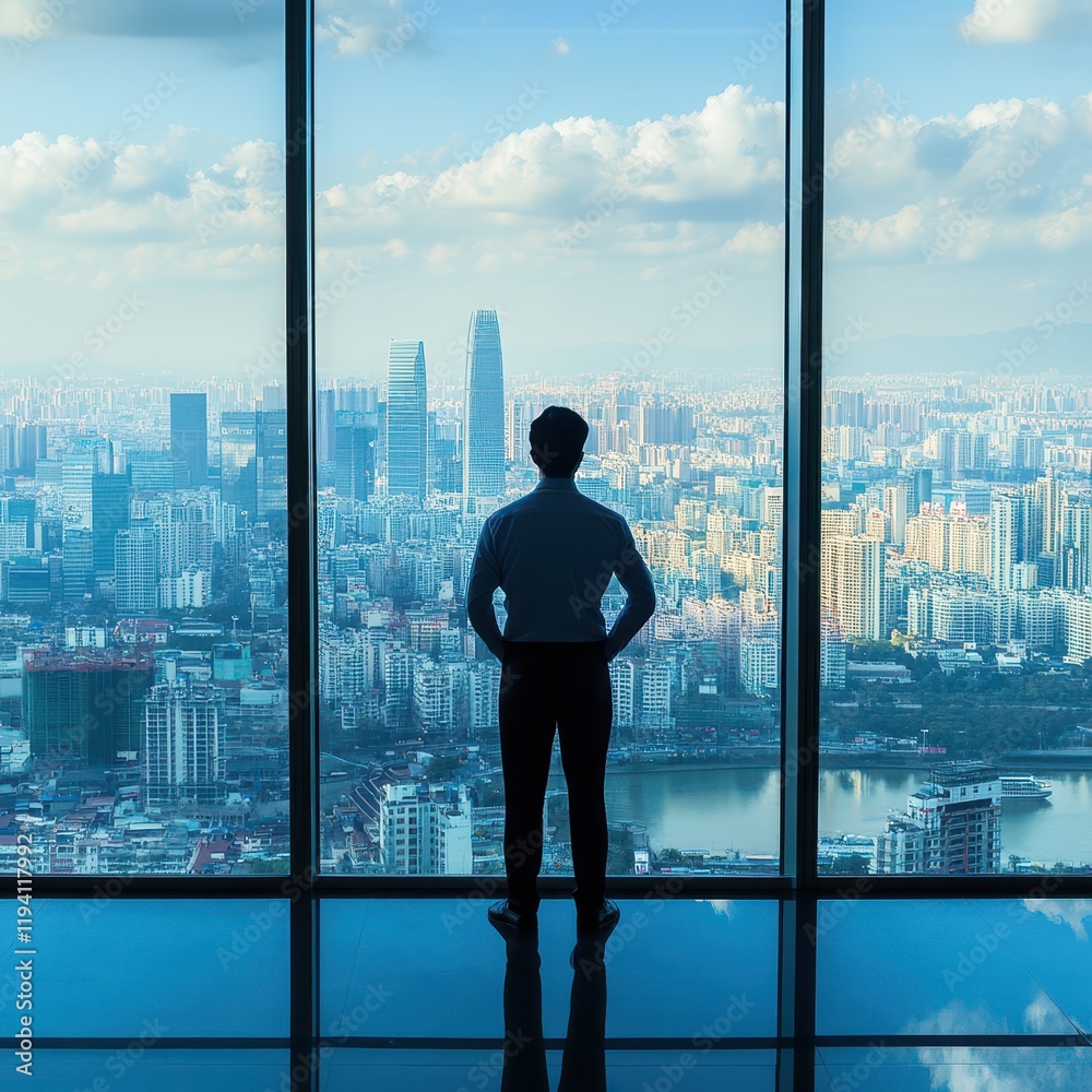Fototapeta premium Businessman looking out of a large office window at a bustling cityscape, back view, focused and contemplative