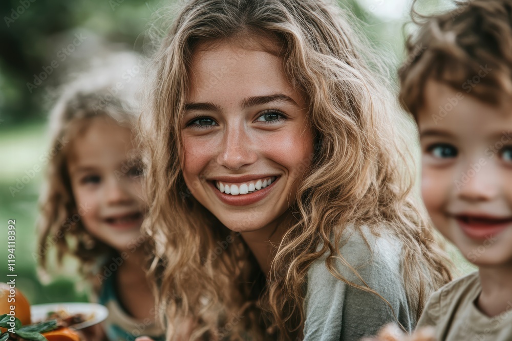 Fototapeta premium A single mother and her children enjoying a picnic in the park, smiling and eating together.
