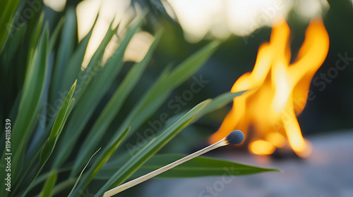 Arsonists matchstick burning near vegetation artistic yet serious depiction of human culpability photo