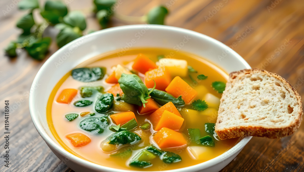 Warm Homemade Vegetable Soup with Carrots, Spinach, and Fresh Herbs Served with Whole-Grain Bread. Warm Homemade Vegetable Soup with Carrots, Spinach, and Fresh Herbs Served with Whole-Grain Bread.