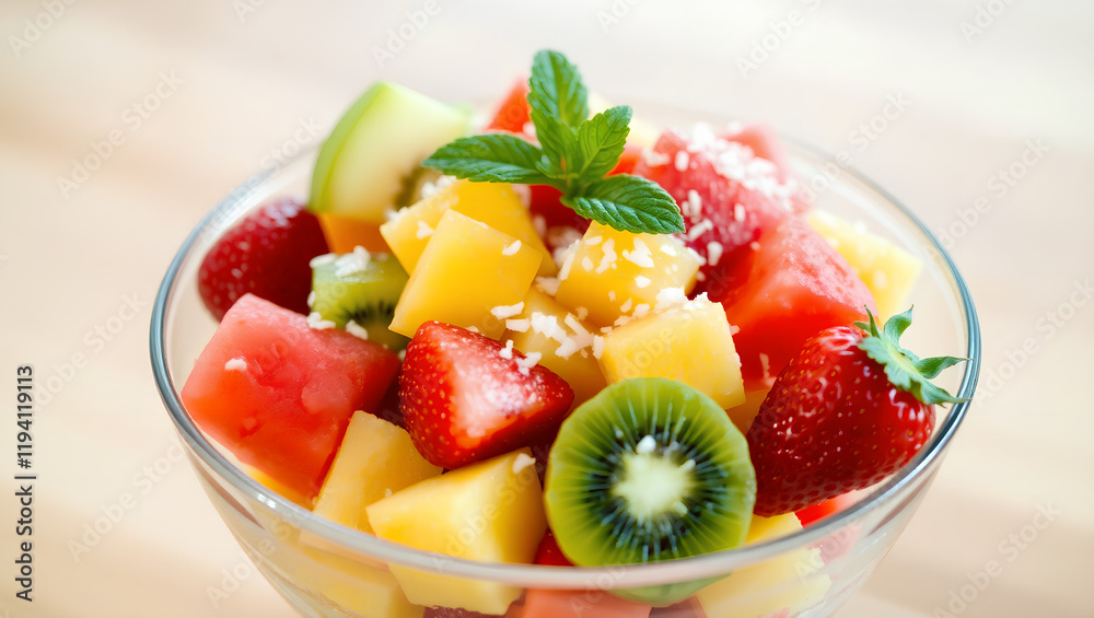 Fresh Tropical Fruit Salad with Watermelon, Mango, and Coconut Flakes in a Round Glass Bowl Fresh Tropical Fruit Salad with Watermelon, Mango, and Coconut Flakes in a Round Glass Bowl