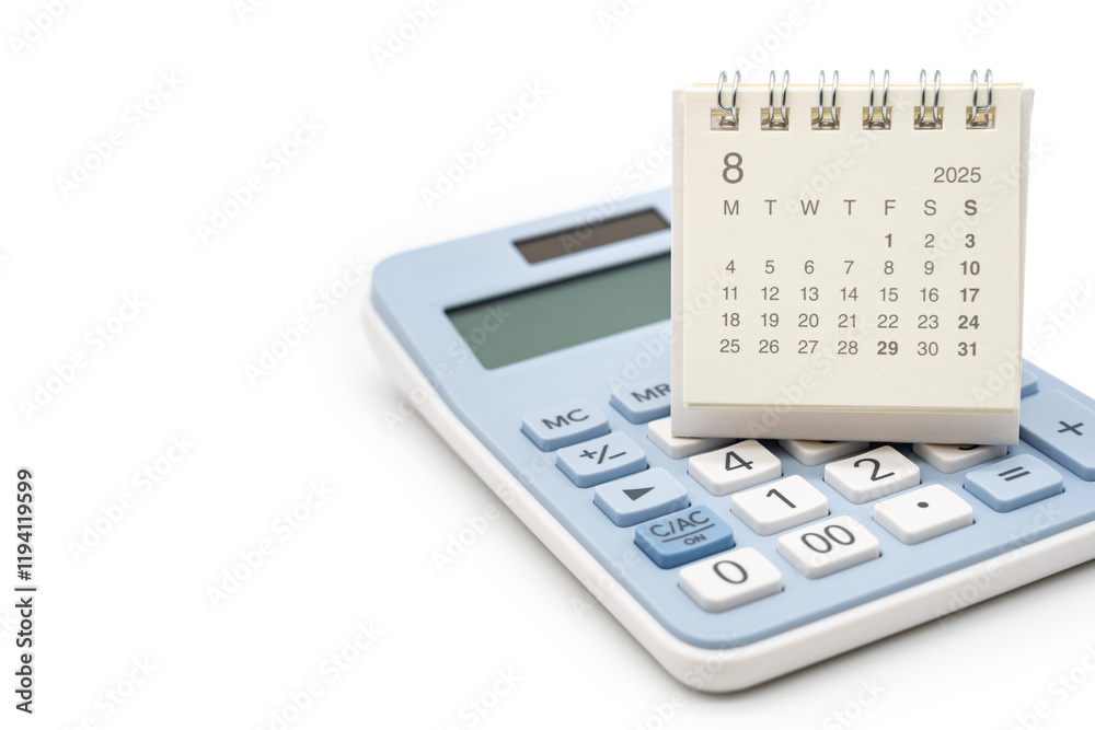 Simple desk calendar for 2025 AUGUST on calculator. Calendar concept with copy space. 2025 AUG calendar. calculator and forecast for finances in 2025. Money, Budget, investment and financial. Simple desk calendar for 2025 AUGUST on calculator. Calendar concept with copy space. 2025 AUG calendar. calculator and forecast for finances in 2025. Money, Budget, investment and financial.
