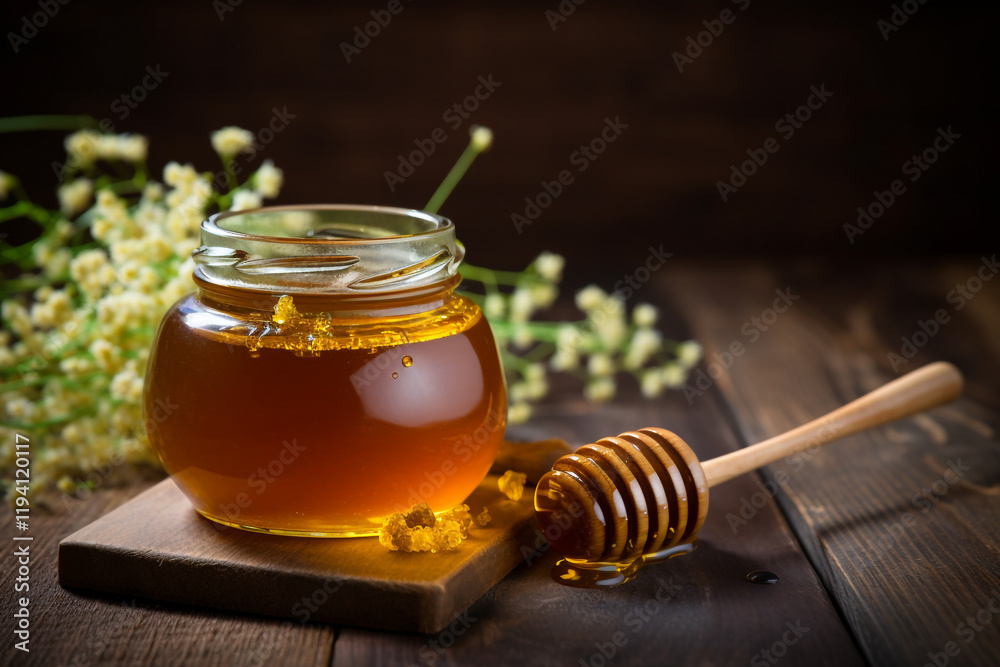 Natural Honey in a Jar with Dipper on a Rustic Wooden Table Natural Honey in a Jar with Dipper on a Rustic Wooden Table
