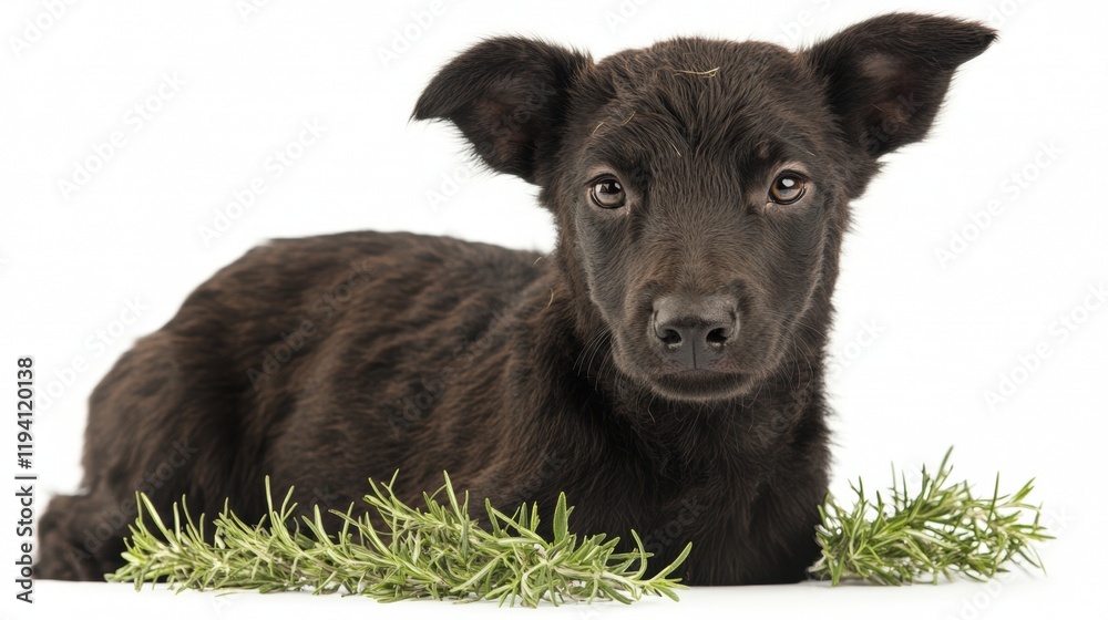 Beautiful Black Dog Lying on White Background with Green Herbs Beautiful Black Dog Lying on White Background with Green Herbs