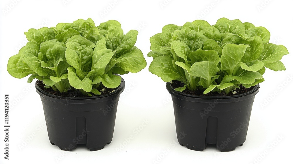 Fresh Green Lettuce Plants in Black Pots for Home Gardening Display Fresh Green Lettuce Plants in Black Pots for Home Gardening Display