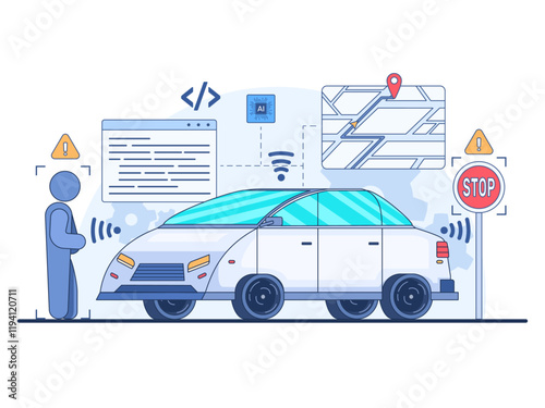 Illustration of self-driving car technology with a modern car equipped with autonomous driving capabilities. Surrounding the car are several symbols highlighting key features of self-driving car