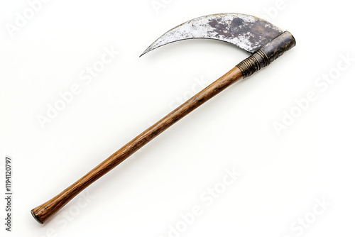 A vintage scythe with a curved blade and wooden handle, used for cutting crops. photo