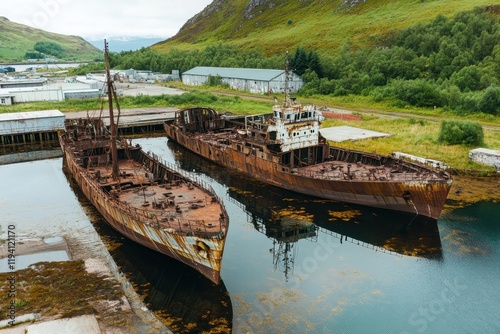 Abandoned Shipyard with Rusty Ships in Calm Waters photo