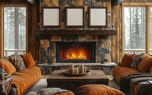 Cozy cabin living room fireplace winter snow