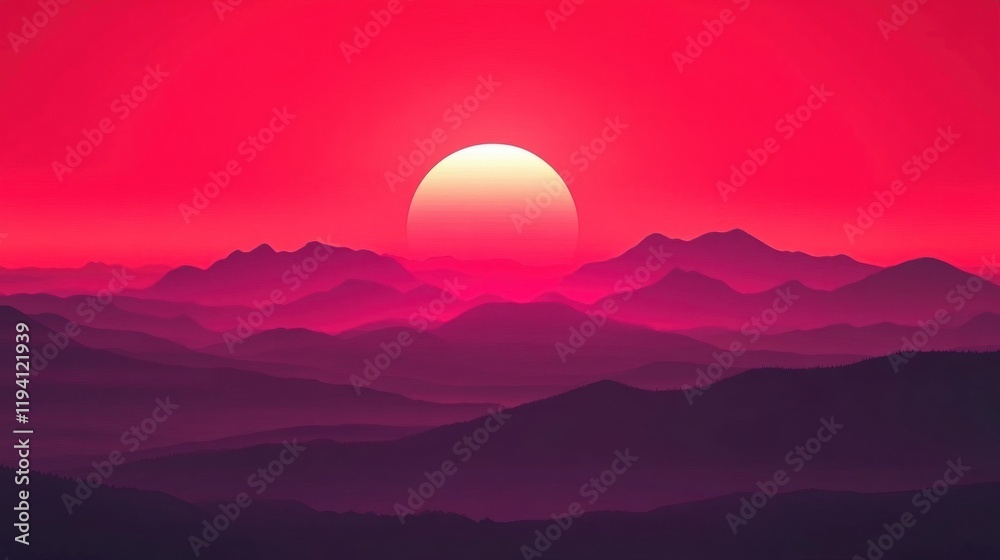 Obraz premium Vibrant Sunset Over Layered Mountains with Pink Sky and Golden Sun