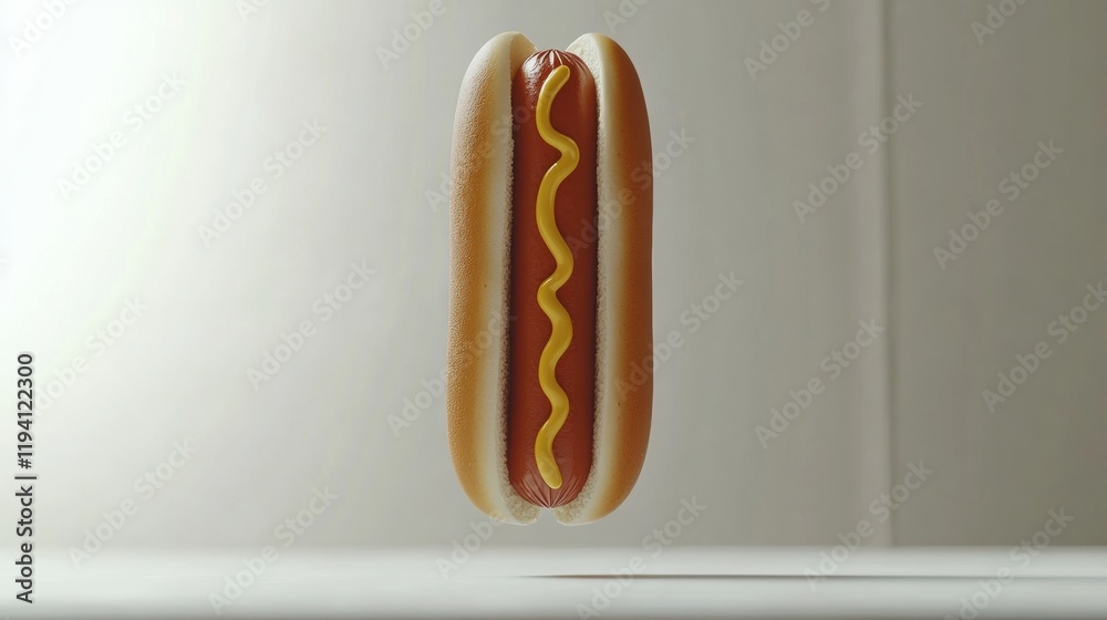 Floating Hot Dog with Mustard on Neutral Background Floating Hot Dog with Mustard on Neutral Background
