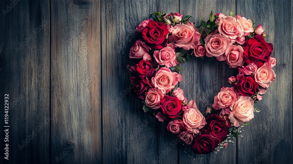 Roses Create Heart Shape on Rustic Wood: Romantic Floral Arrangement, Valentine's Day Decor, Beautiful Blooms Roses Create Heart Shape on Rustic Wood: Romantic Floral Arrangement, Valentine's Day Decor, Beautiful Blooms