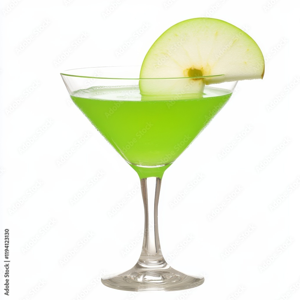 A bright green appletini with a thin apple slice on the rim, crisp and tart, isolated white background A bright green appletini with a thin apple slice on the rim, crisp and tart, isolated white background