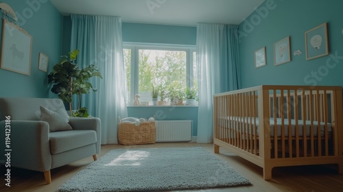 Cozy Modern Nursery with Crib and Soft Blue Interior Decor