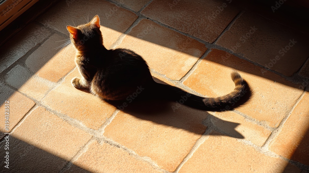 Fototapeta The shadow of a cat's tail as it sways creates a fluid movement on the ground under the sunlight.