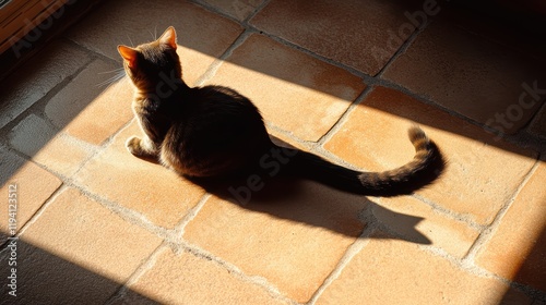 The shadow of a cat's tail as it sways creates a fluid movement on the ground under the sunlight.
