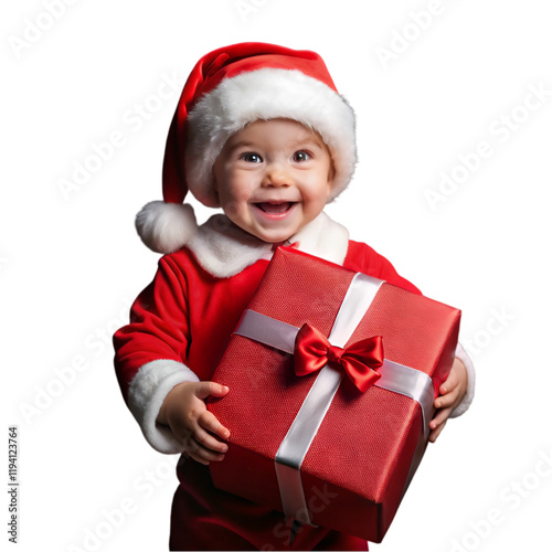 cute little boy in senta's dress holding red gift box with cute smile on white  background