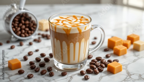 Caramel Latte Coffee Drink in Glass Mug with Coffee Beans and Caramel Cubes on Marble Table