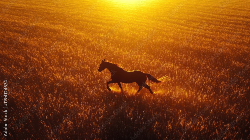 The shadow of a galloping horse cast on the ground as it runs through a golden field at sunset. The shadow of a galloping horse cast on the ground as it runs through a golden field at sunset.